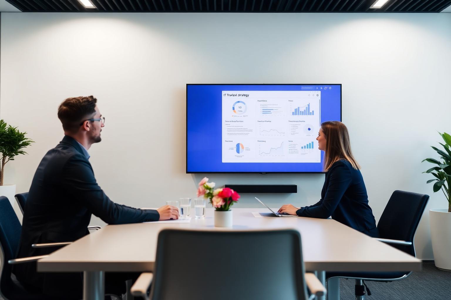 Møde hvor IT-strategi og rapportering gennemgås på en skærm